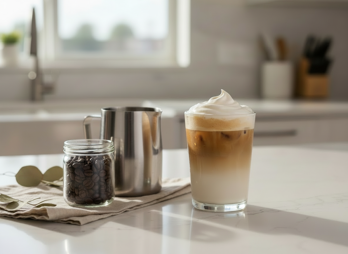 Keep the existing serene hero image composition: an iced latte with vanilla bean cold foam on a counter and a milk frother pitcher filled with milk beside the coffee. Remove the pale pink handheld milk frother entirely and replace it with a small clear glass jar filled with coffee beans. Keep the soft, calm styling, natural counter setting, and all other elements unchanged.