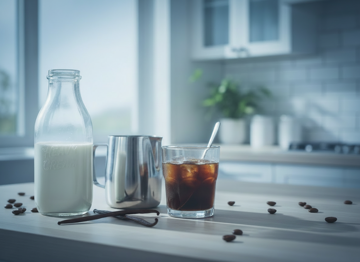 Keep the existing hero banner composition and subjects unchanged: heavy cream in a clear glass milk bottle on a kitchen counter, a stainless-steel milk frothing pitcher, and a cup of cold brew coffee with a spoon, with natural soft window lighting and the existing subtle translucent blue overlay. Add a few naturally scattered stray coffee beans on the counter and exactly two vanilla bean pods, arranged realistically without covering the main subjects or text-safe open space.